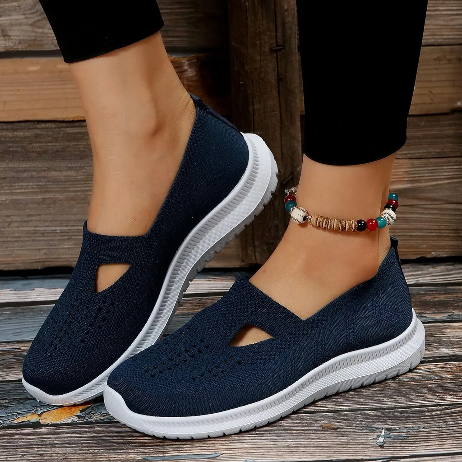 Ladies Fashion Solid Color Breathable Knitted Mesh Flat Bottomed Casual Sports Shoes Internationalist Women Sneaker (Dark Blue, 8.5)