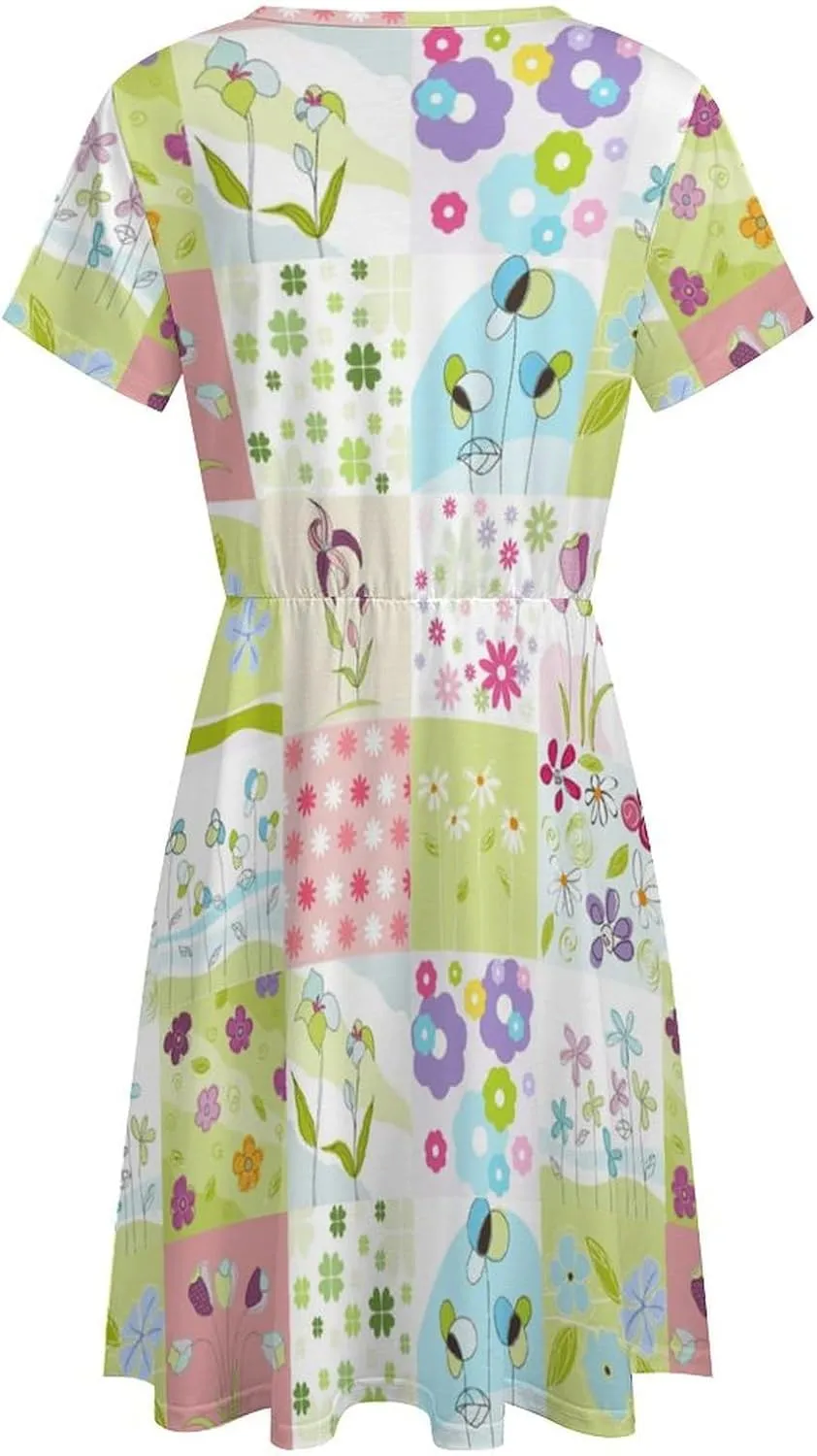 Ladies Plaid Florals Short Sleeve High Elastic Waist Hide Belly Teacher Loose Knee Dresses with Pockets