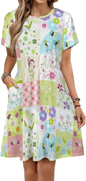 Ladies Plaid Florals Short Sleeve High Elastic Waist Hide Belly Teacher Loose Knee Dresses with Pockets