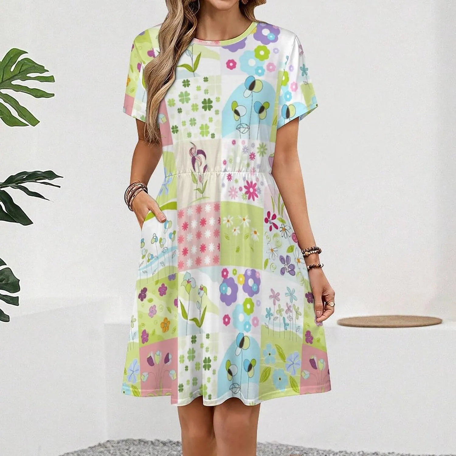 Ladies Plaid Florals Short Sleeve High Elastic Waist Hide Belly Teacher Loose Knee Dresses with Pockets