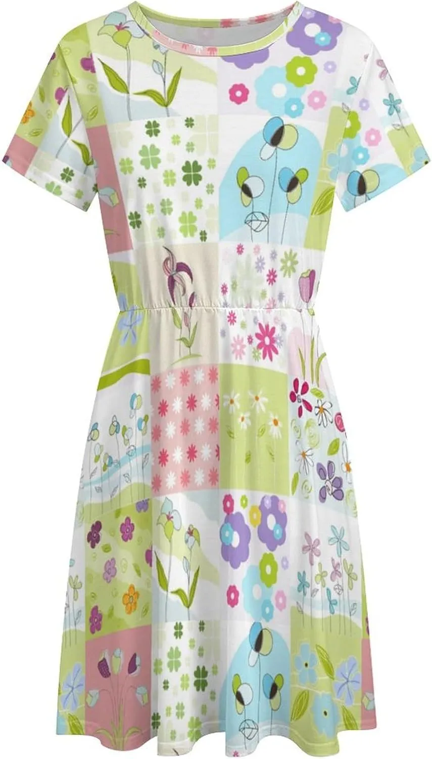 Ladies Plaid Florals Short Sleeve High Elastic Waist Hide Belly Teacher Loose Knee Dresses with Pockets