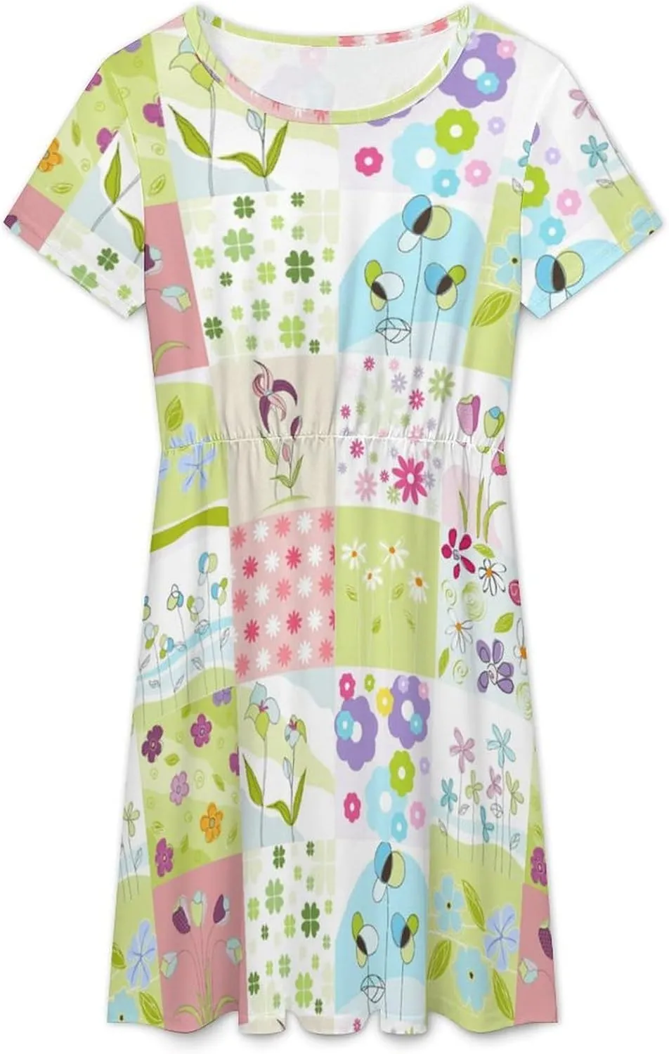 Ladies Plaid Florals Short Sleeve High Elastic Waist Hide Belly Teacher Loose Knee Dresses with Pockets