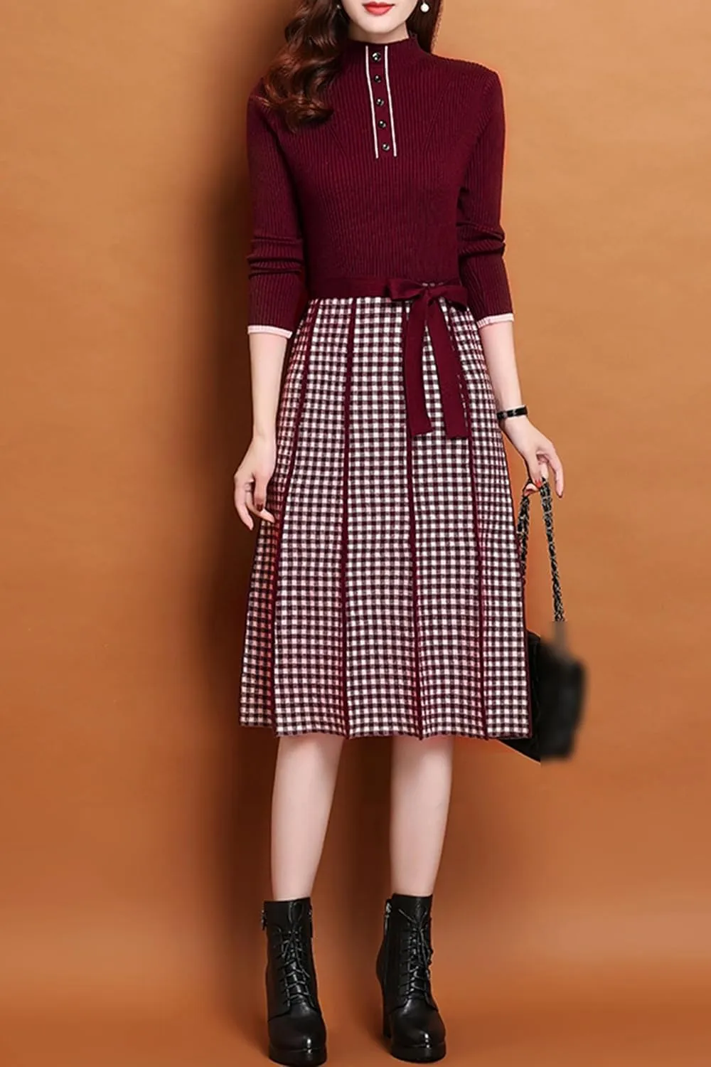 LAI MENG FIVE CATS Women's Elegant Long Sleeve Sweater Plaid Knit Pullover Fall Midi Dress