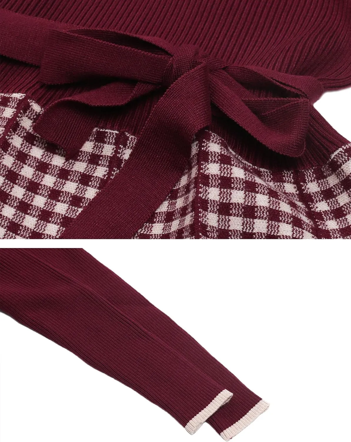 LAI MENG FIVE CATS Women's Elegant Long Sleeve Sweater Plaid Knit Pullover Fall Midi Dress