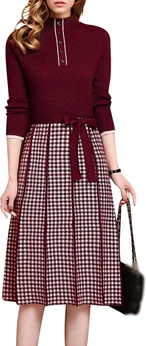 LAI MENG FIVE CATS Women's Elegant Long Sleeve Sweater Plaid Knit Pullover Fall Midi Dress