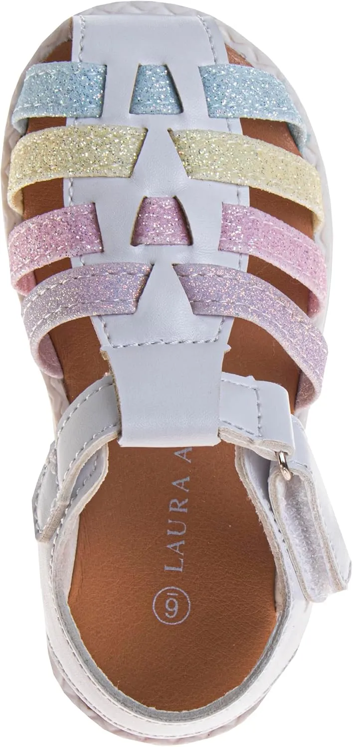 Laura Ashley Princess Girl Rainbow Sandals Summer Glitter Strap Closed Toe Sandals Flats for Girls Size 6-10 Toddler 11-12 Little Kid