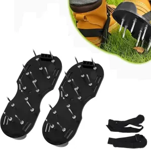 Lawn Aerator Shoes with Laces Adjustable Straps Free-Installation Spike Sandals for Grass Garden Soil Yard Tool Patio Garden One-Size-Fits-All Easy to Use (Black)