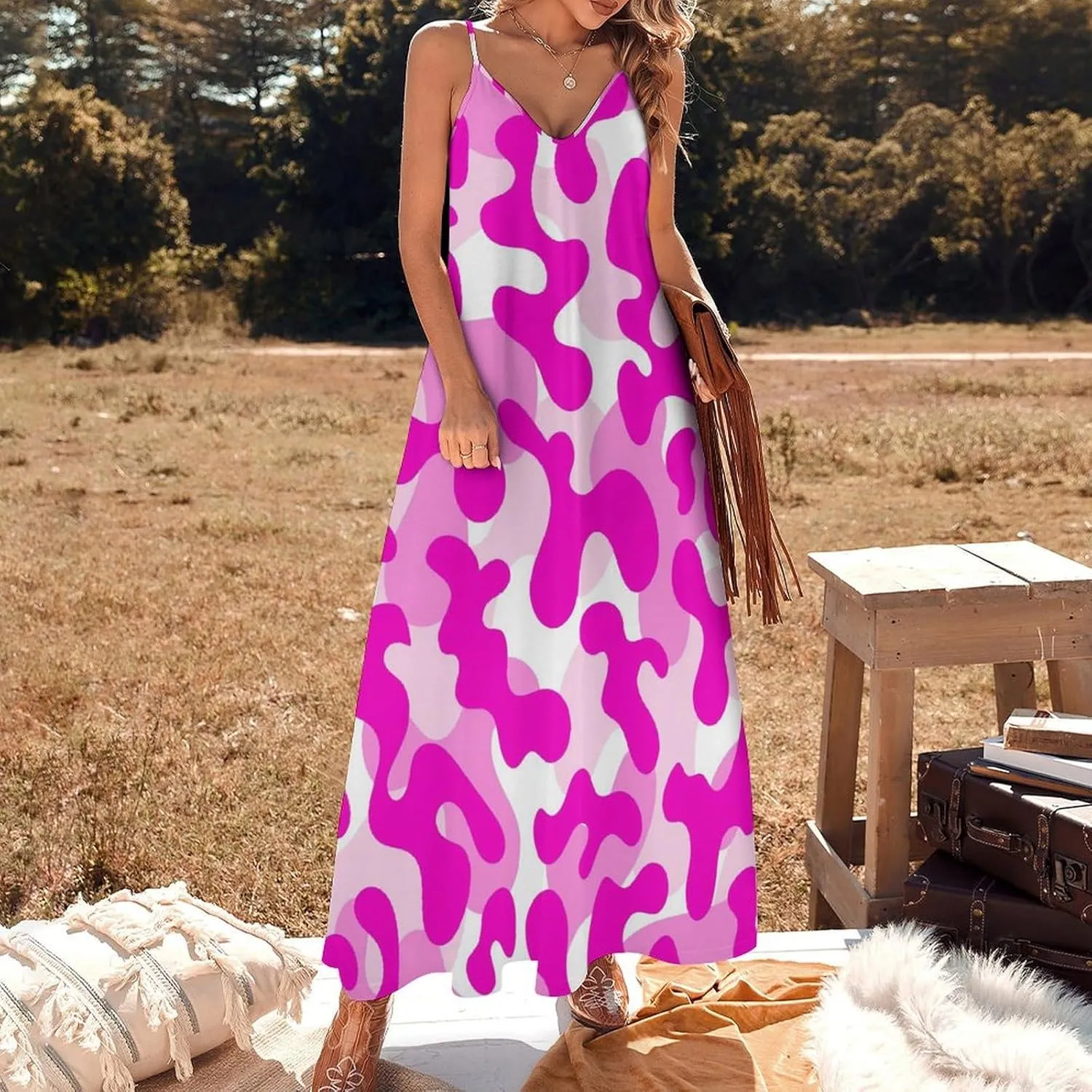 Lightning Star Cute Women's Casual Maxi Dresses Summer Spaghetti Straps Long Sleeveless Dress Sundress