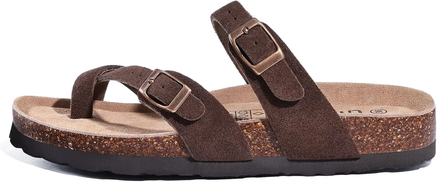 Litfun Women's Genuine Suede Cork Footbed Sandals Comfortable Summer Slides with Adjustable Buckle