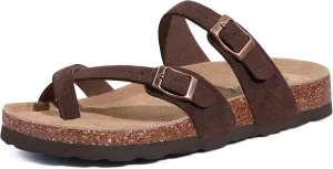 Litfun Women's Genuine Suede Cork Footbed Sandals Comfortable Summer Slides with Adjustable Buckle