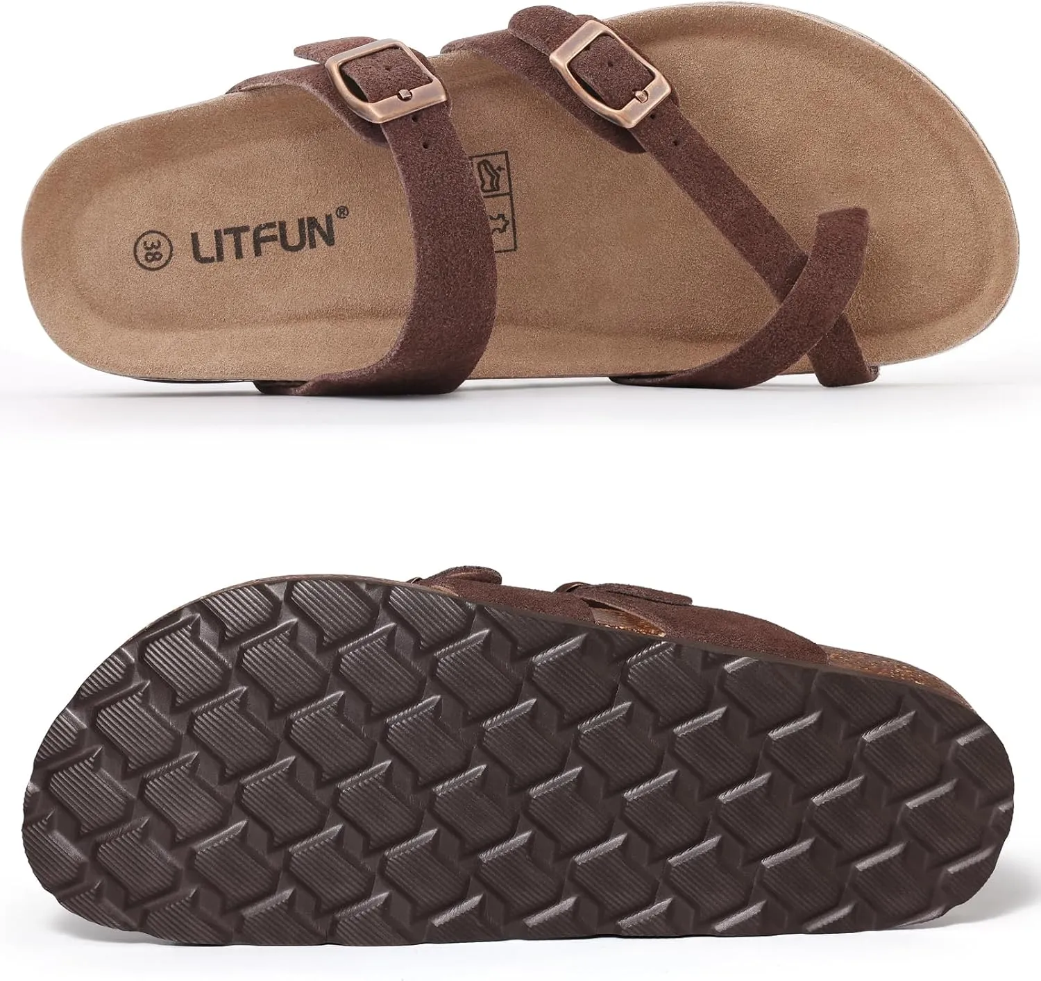 Litfun Women's Genuine Suede Cork Footbed Sandals Comfortable Summer Slides with Adjustable Buckle