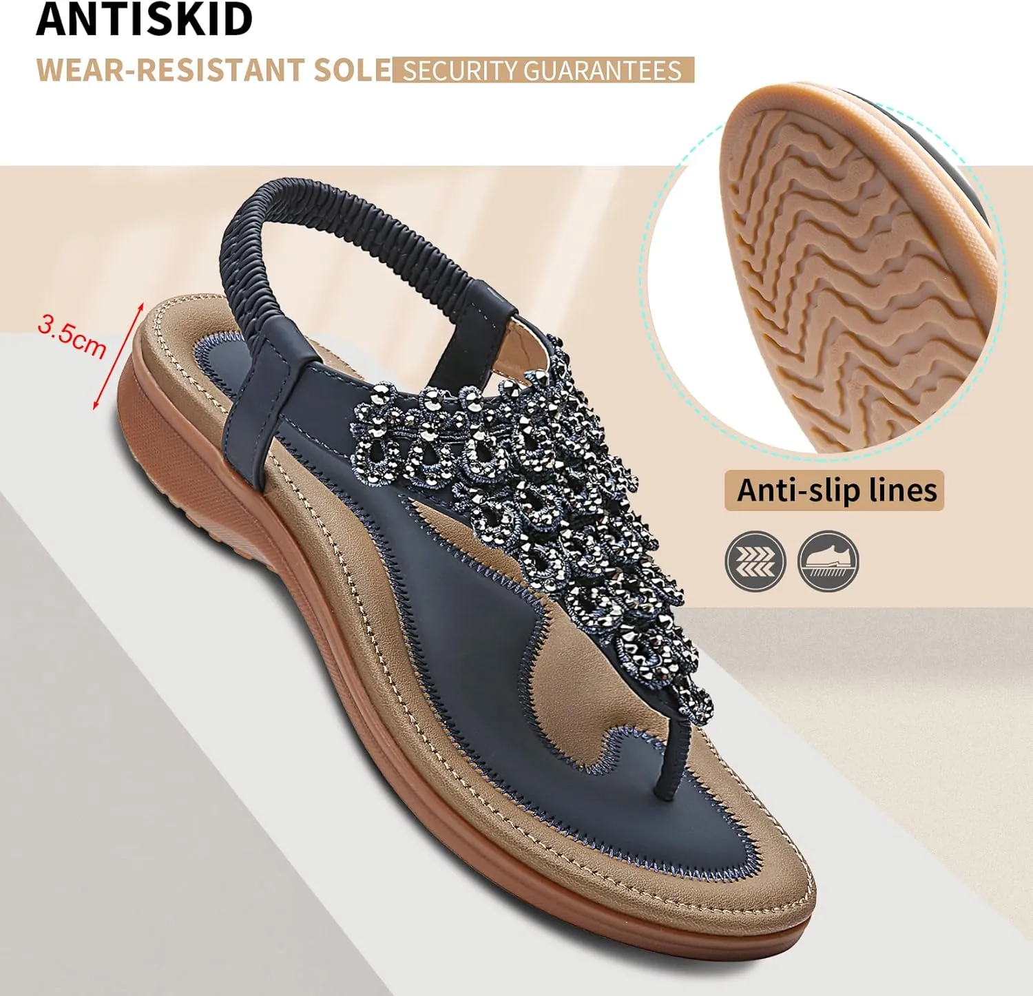 Littleplum Womens Sandals Arch Support Slingback Rhinestone Dressy Sandals Comfort Summer Shoes Ankle Strap Elastic Flats for Beach Walking