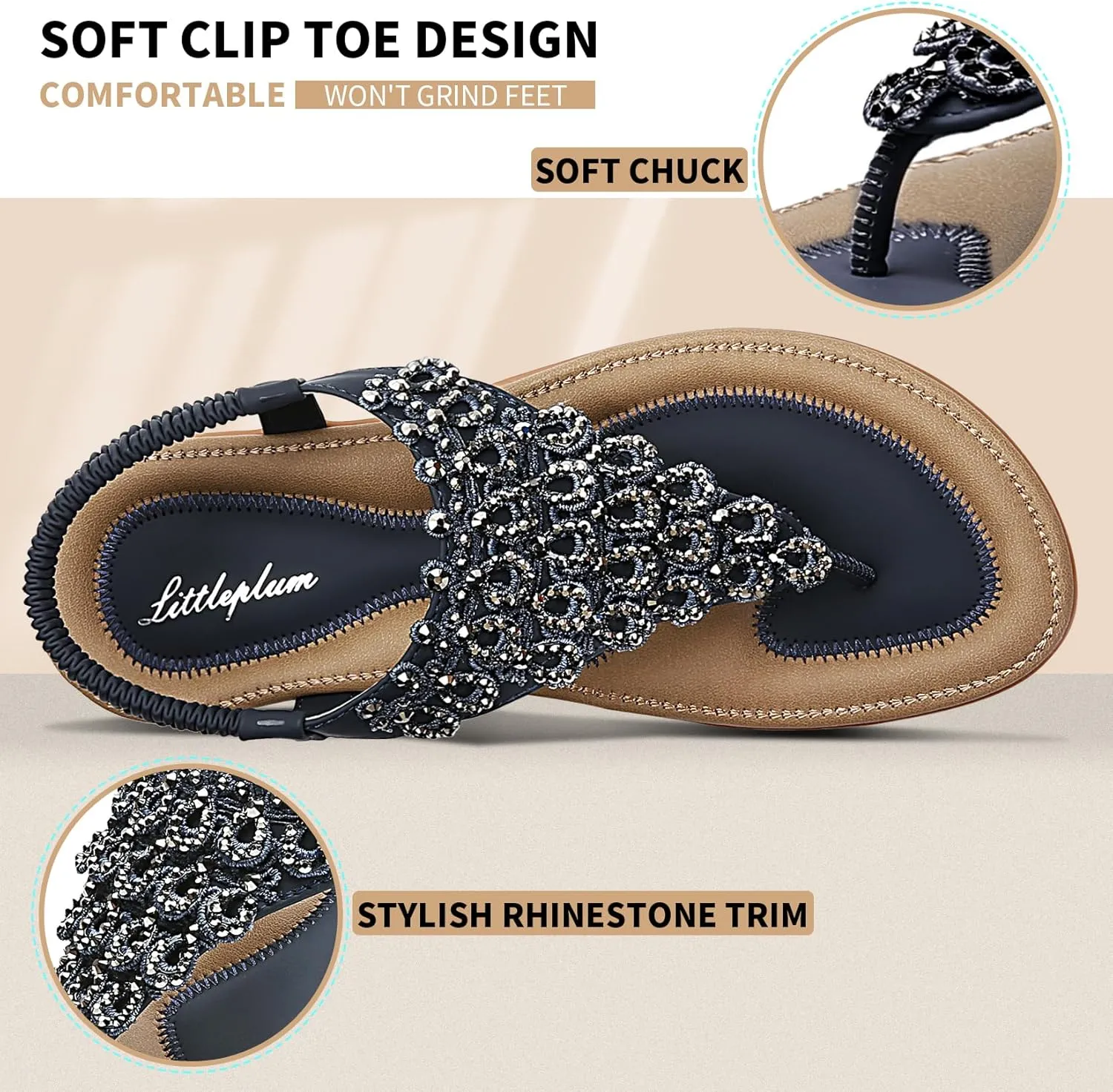 Littleplum Womens Sandals Arch Support Slingback Rhinestone Dressy Sandals Comfort Summer Shoes Ankle Strap Elastic Flats for Beach Walking