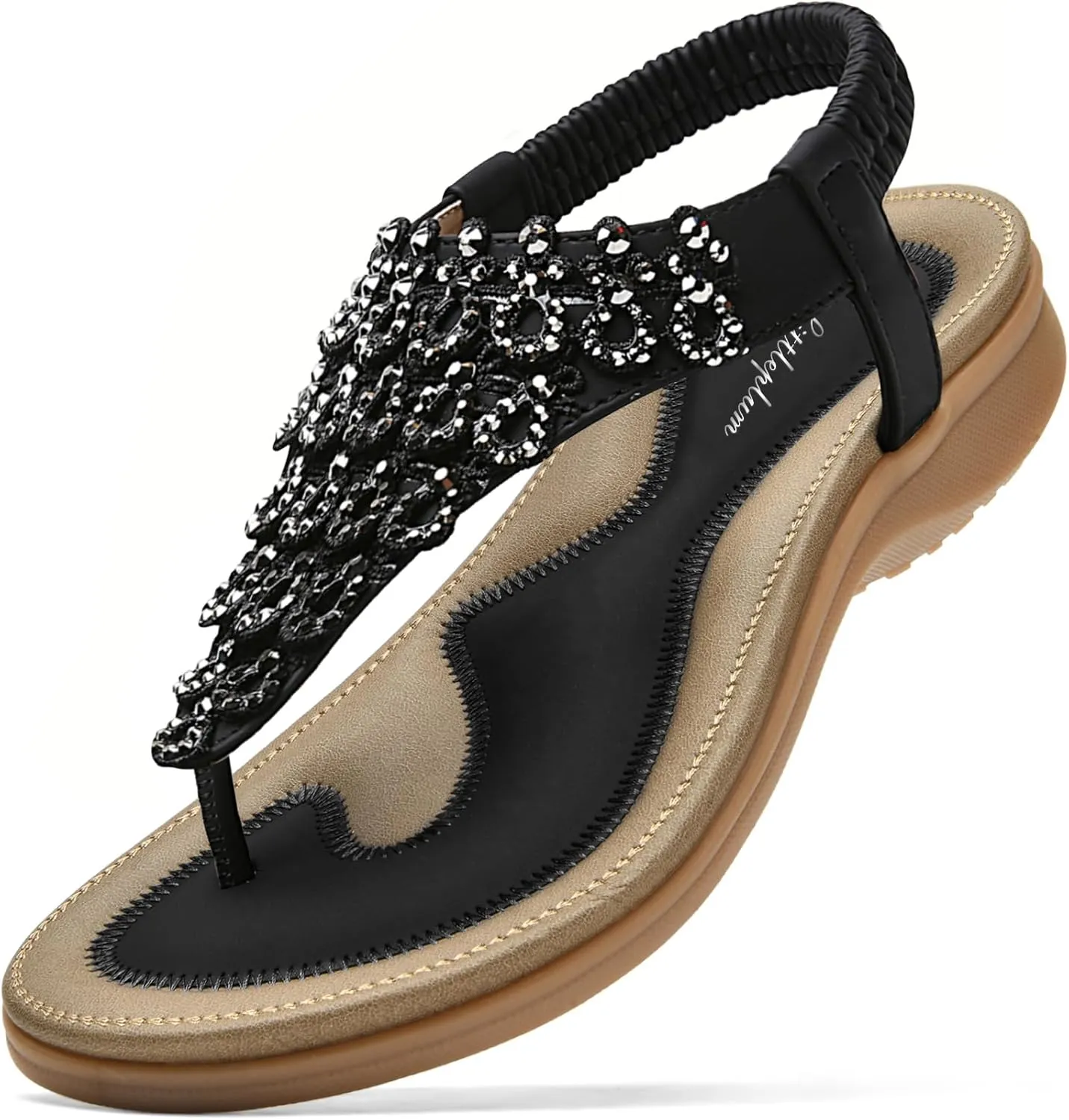 Littleplum Womens Sandals Arch Support Slingback Rhinestone Dressy Sandals Comfort Summer Shoes Ankle Strap Elastic Flats for Beach Walking