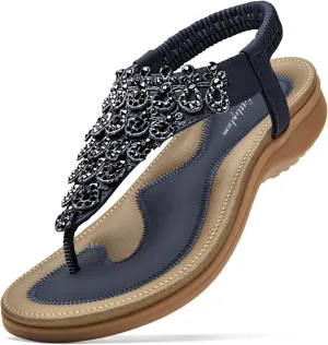 Littleplum Womens Sandals Arch Support Slingback Rhinestone Dressy Sandals Comfort Summer Shoes Ankle Strap Elastic Flats for Beach Walking