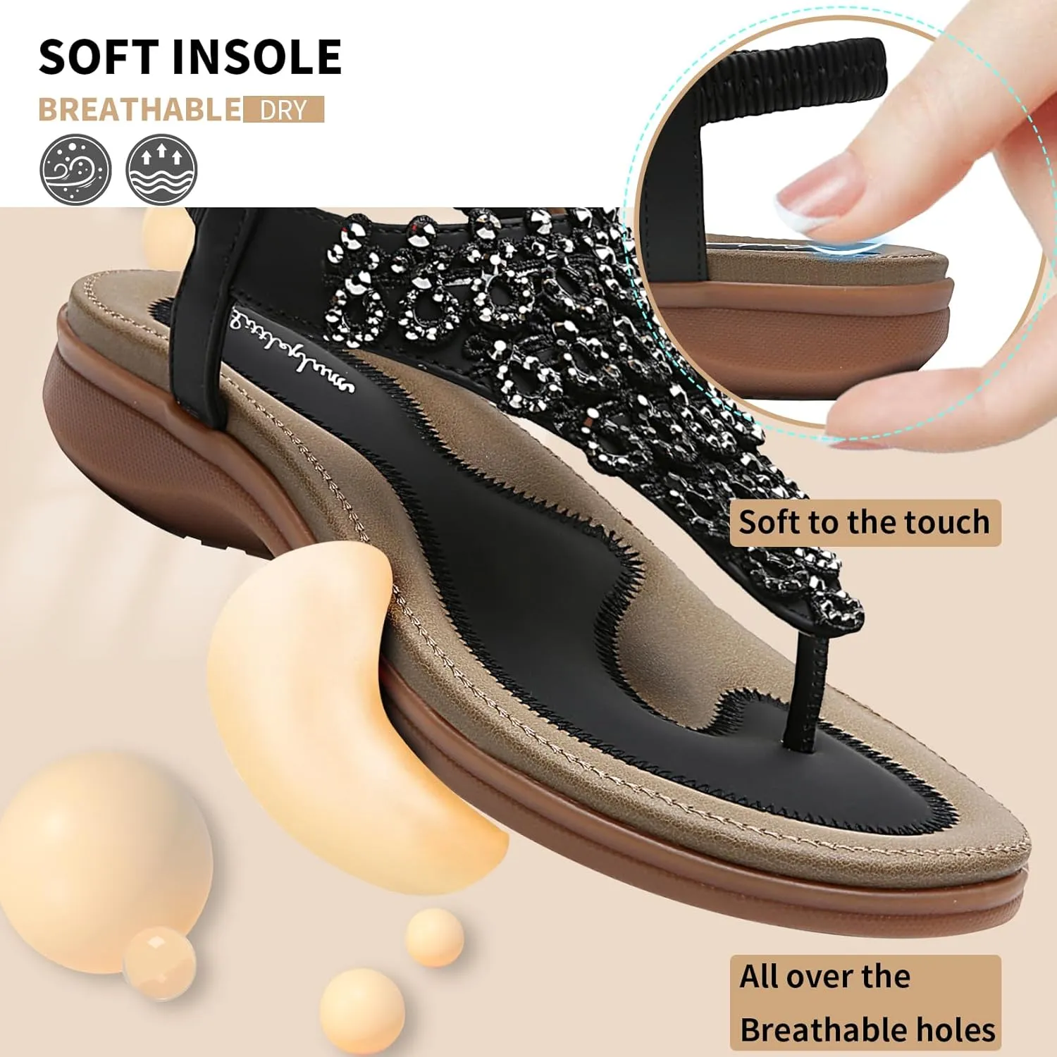 Littleplum Womens Sandals Arch Support Slingback Rhinestone Dressy Sandals Comfort Summer Shoes Ankle Strap Elastic Flats for Beach Walking