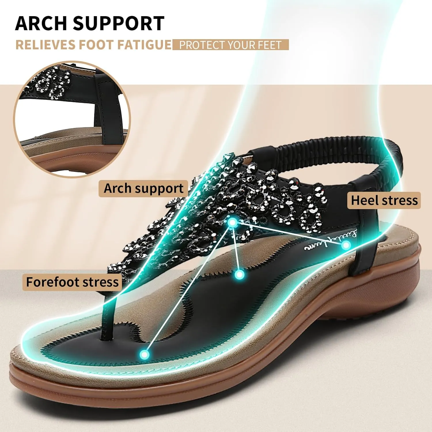 Littleplum Womens Sandals Arch Support Slingback Rhinestone Dressy Sandals Comfort Summer Shoes Ankle Strap Elastic Flats for Beach Walking