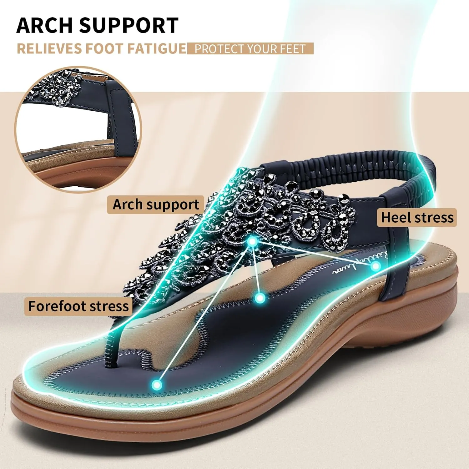 Littleplum Womens Sandals Arch Support Slingback Rhinestone Dressy Sandals Comfort Summer Shoes Ankle Strap Elastic Flats for Beach Walking
