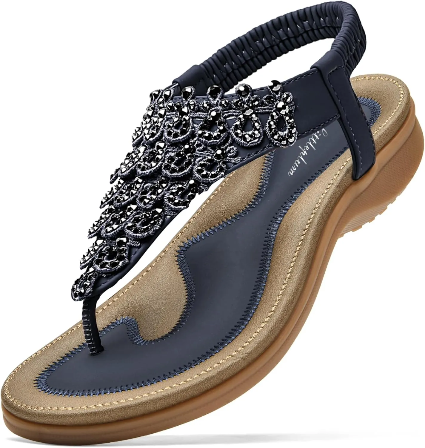 Littleplum Womens Sandals Arch Support Slingback Rhinestone Dressy Sandals Comfort Summer Shoes Ankle Strap Elastic Flats for Beach Walking