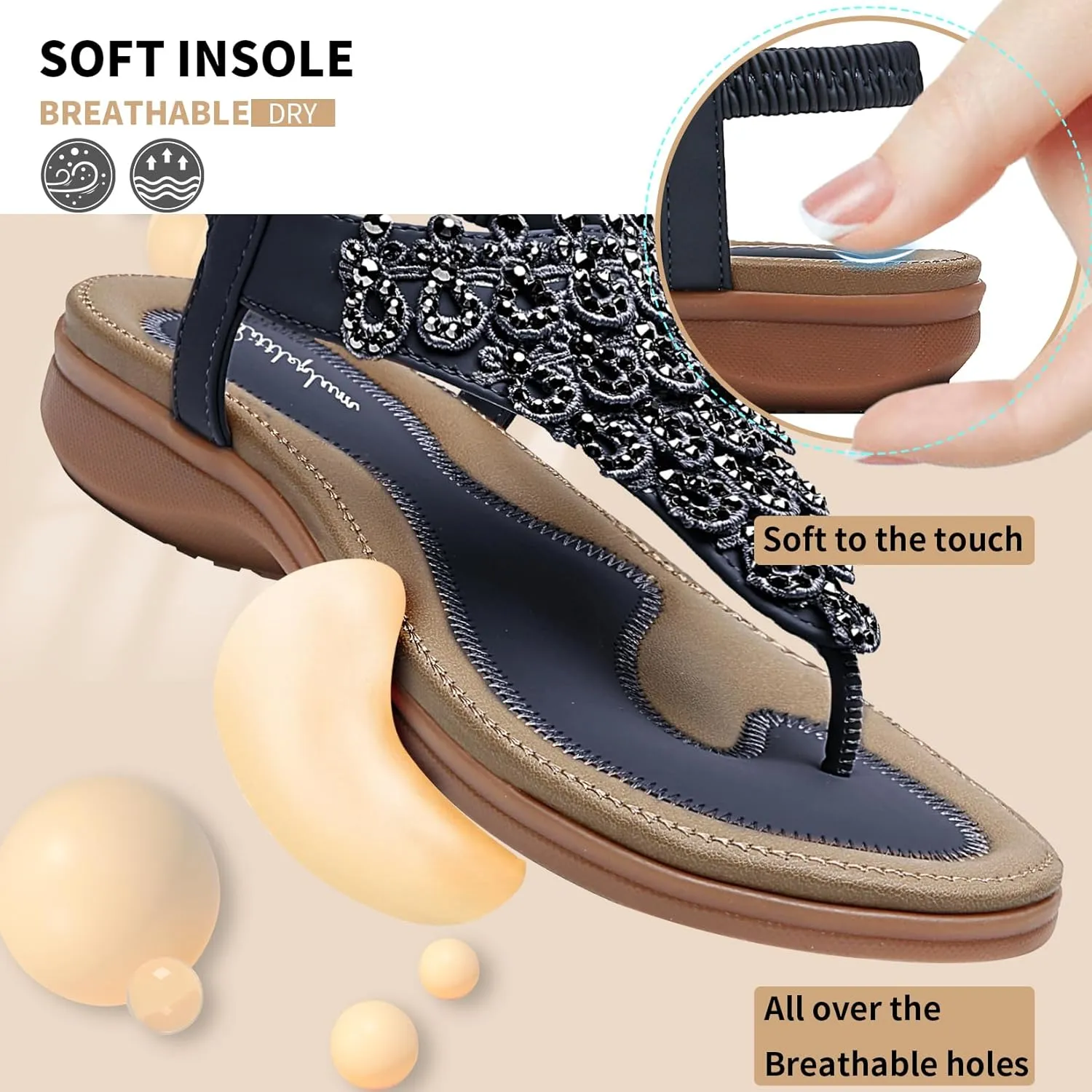 Littleplum Womens Sandals Arch Support Slingback Rhinestone Dressy Sandals Comfort Summer Shoes Ankle Strap Elastic Flats for Beach Walking