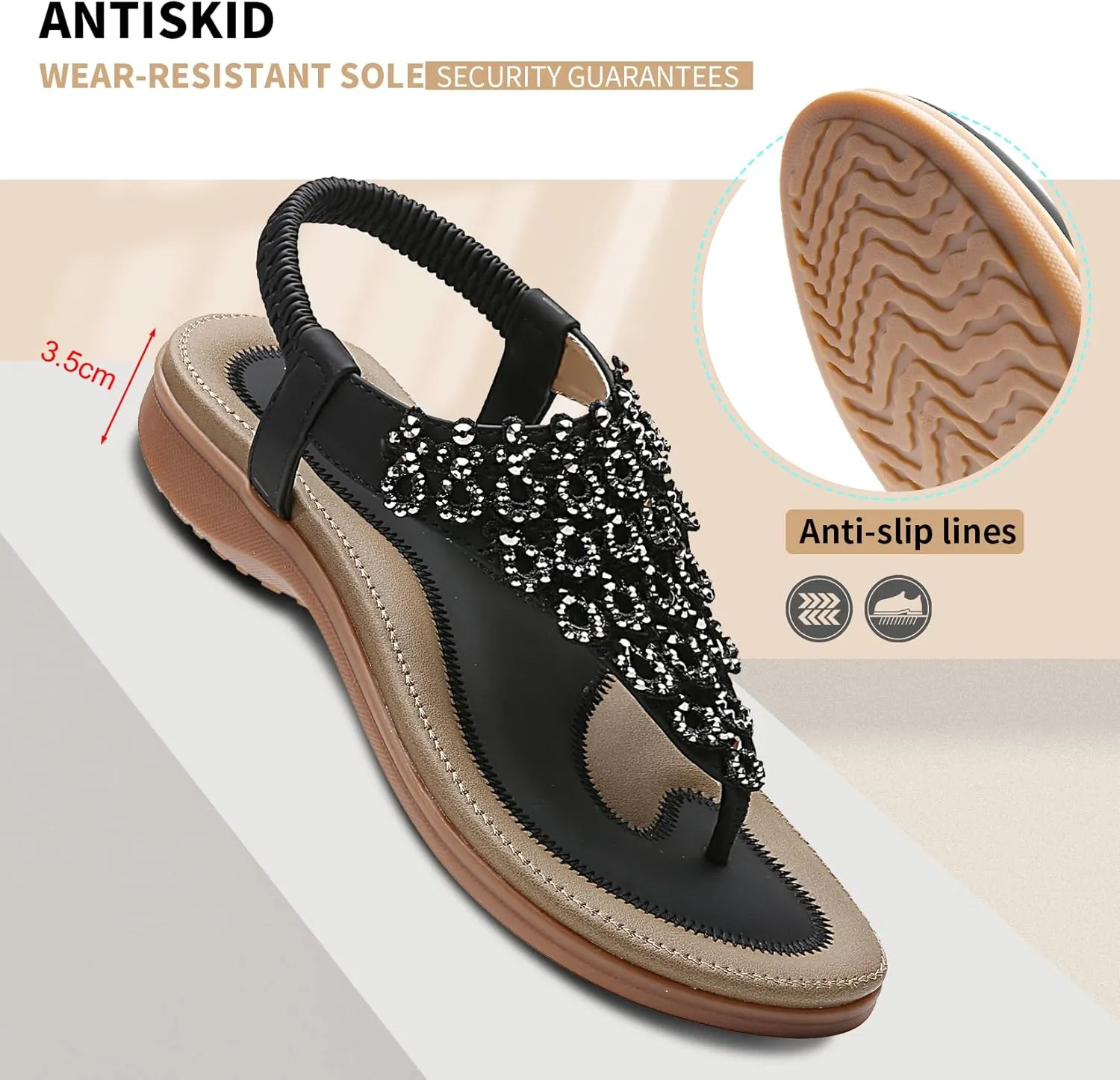 Littleplum Womens Sandals Arch Support Slingback Rhinestone Dressy Sandals Comfort Summer Shoes Ankle Strap Elastic Flats for Beach Walking