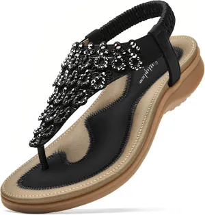 Littleplum Womens Sandals Arch Support Slingback Rhinestone Dressy Sandals Comfort Summer Shoes Ankle Strap Elastic Flats for Beach Walking