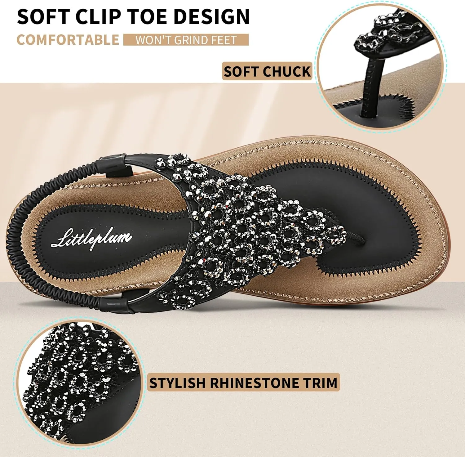 Littleplum Womens Sandals Arch Support Slingback Rhinestone Dressy Sandals Comfort Summer Shoes Ankle Strap Elastic Flats for Beach Walking