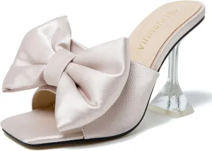 LIURUIJIA Women's Bow High Heels Mules Dress Sandals Slip On Party Prom Wedding Bridal Shoes