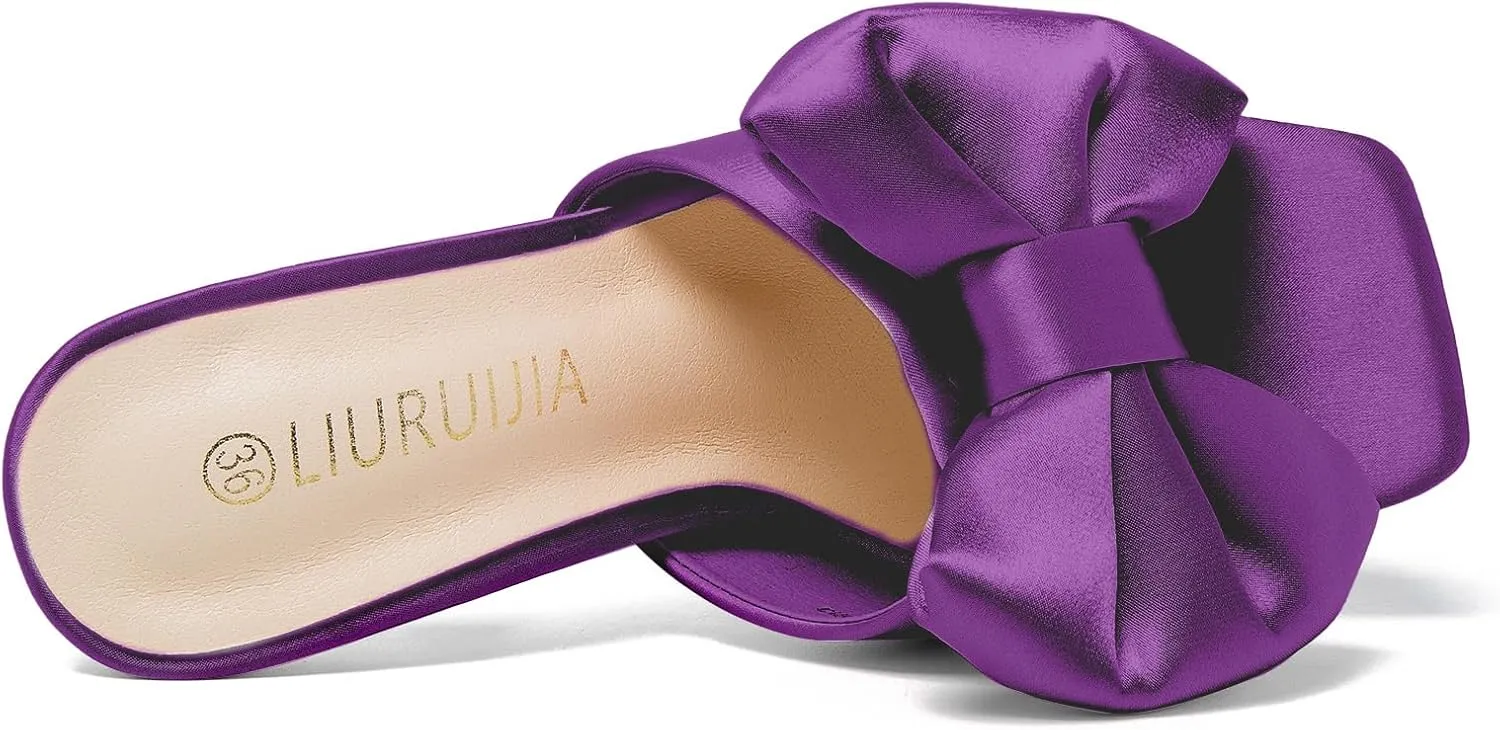LIURUIJIA Women's Bow High Heels Mules Dress Sandals Slip On Party Prom Wedding Bridal Shoes