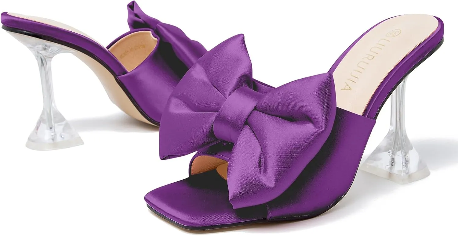 LIURUIJIA Women's Bow High Heels Mules Dress Sandals Slip On Party Prom Wedding Bridal Shoes