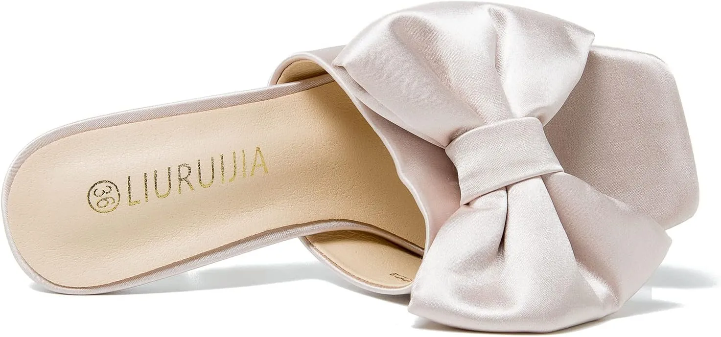 LIURUIJIA Women's Bow High Heels Mules Dress Sandals Slip On Party Prom Wedding Bridal Shoes