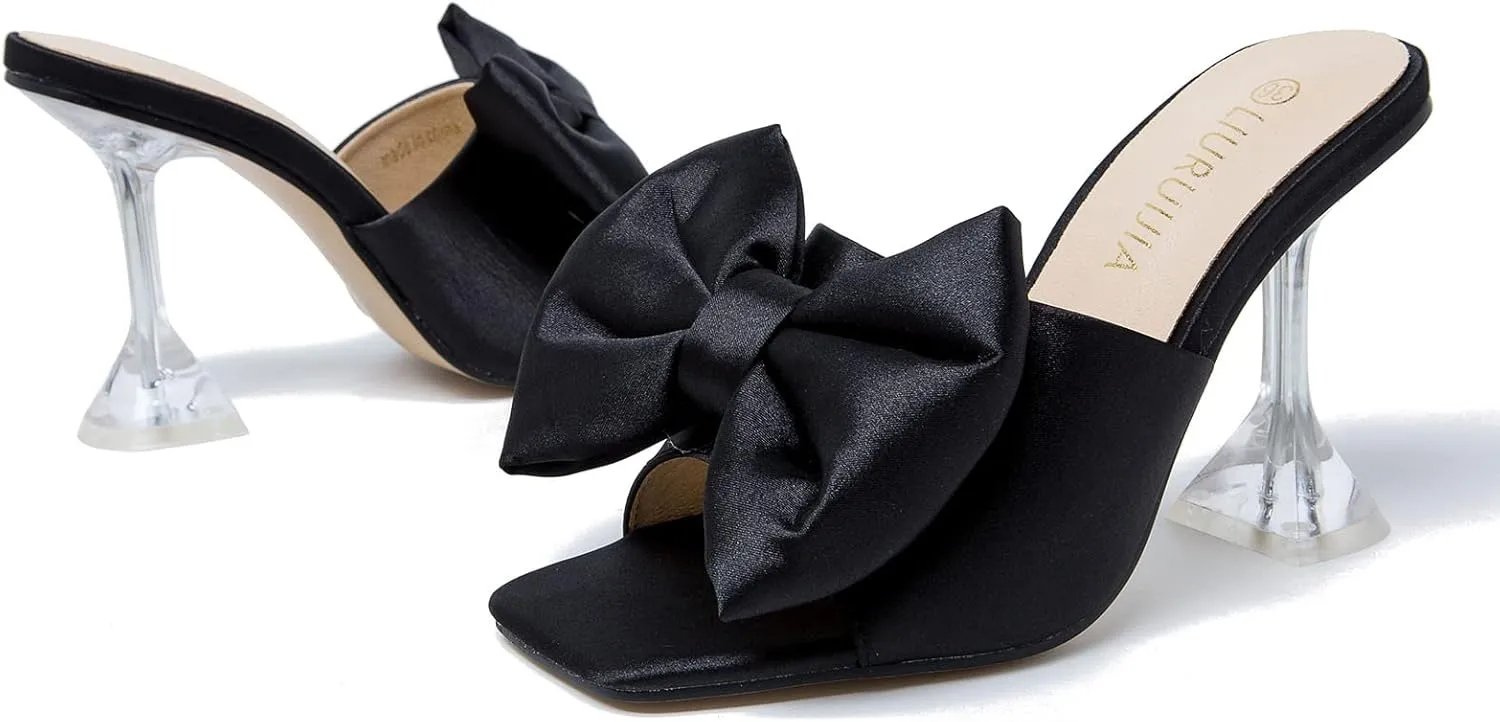 LIURUIJIA Women's Bow High Heels Mules Dress Sandals Slip On Party Prom Wedding Bridal Shoes