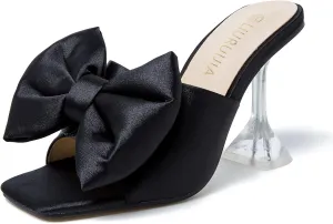 LIURUIJIA Women's Bow High Heels Mules Dress Sandals Slip On Party Prom Wedding Bridal Shoes