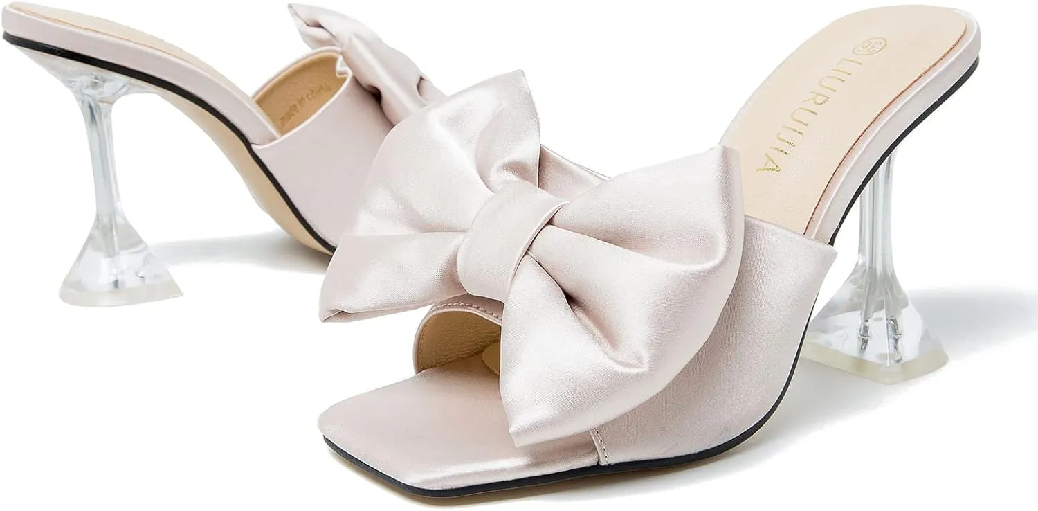 LIURUIJIA Women's Bow High Heels Mules Dress Sandals Slip On Party Prom Wedding Bridal Shoes