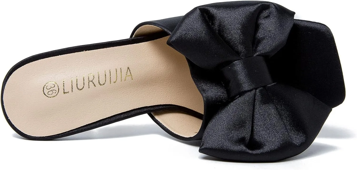 LIURUIJIA Women's Bow High Heels Mules Dress Sandals Slip On Party Prom Wedding Bridal Shoes