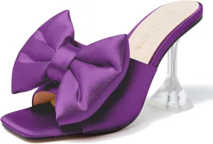 LIURUIJIA Women's Bow High Heels Mules Dress Sandals Slip On Party Prom Wedding Bridal Shoes