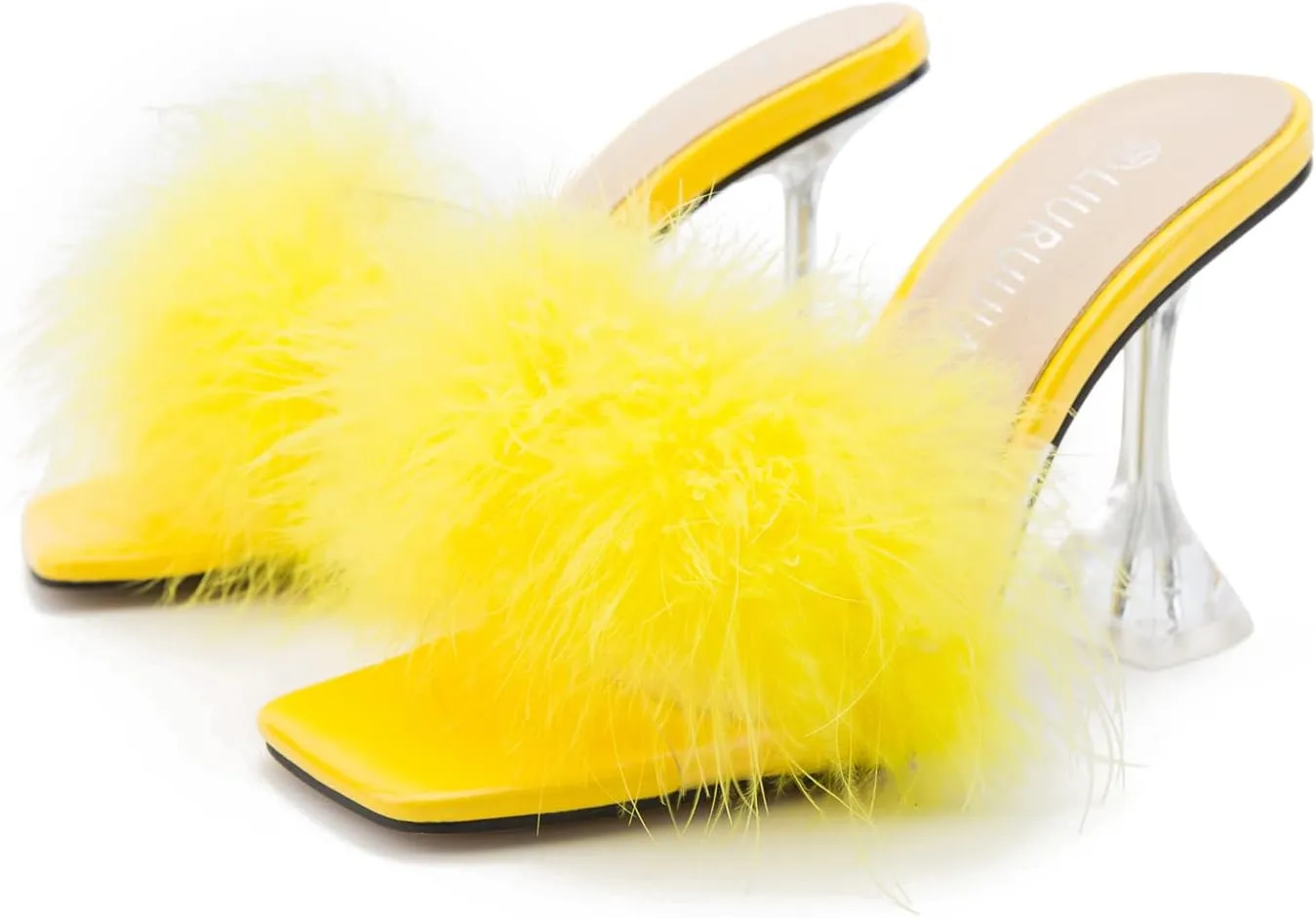 LIURUIJIA Women's Square Toe Feathers High Heels Fur Mules Sandals Fuzzy Fluffy Wedding Bridal Party Dress Shoes