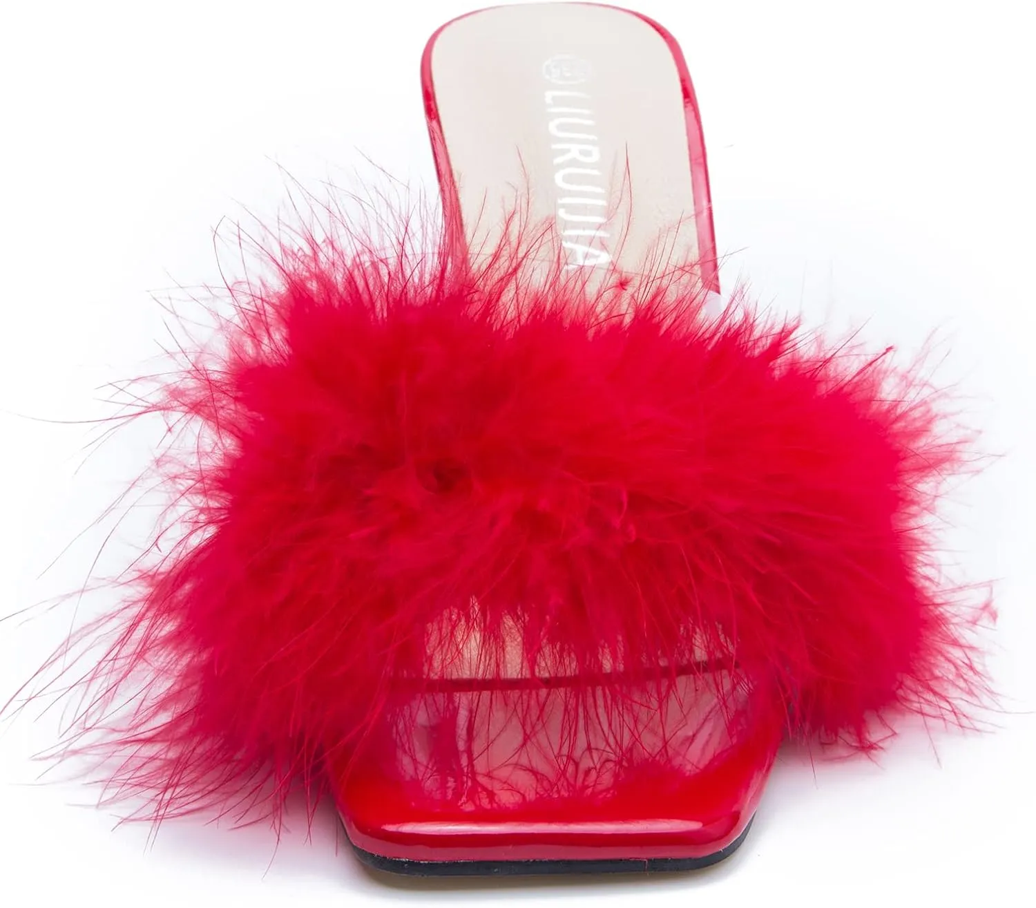 LIURUIJIA Women's Square Toe Feathers High Heels Fur Mules Sandals Fuzzy Fluffy Wedding Bridal Party Dress Shoes