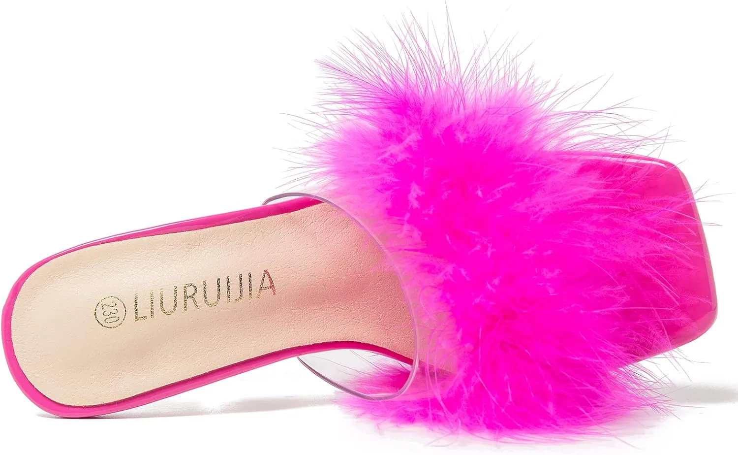 LIURUIJIA Women's Square Toe Feathers High Heels Fur Mules Sandals Fuzzy Fluffy Wedding Bridal Party Dress Shoes