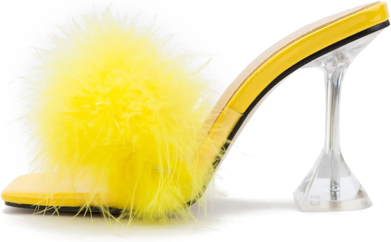 LIURUIJIA Women's Square Toe Feathers High Heels Fur Mules Sandals Fuzzy Fluffy Wedding Bridal Party Dress Shoes