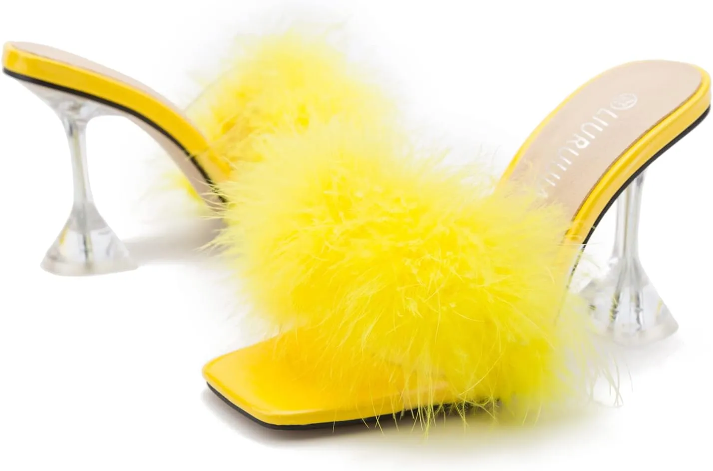 LIURUIJIA Women's Square Toe Feathers High Heels Fur Mules Sandals Fuzzy Fluffy Wedding Bridal Party Dress Shoes