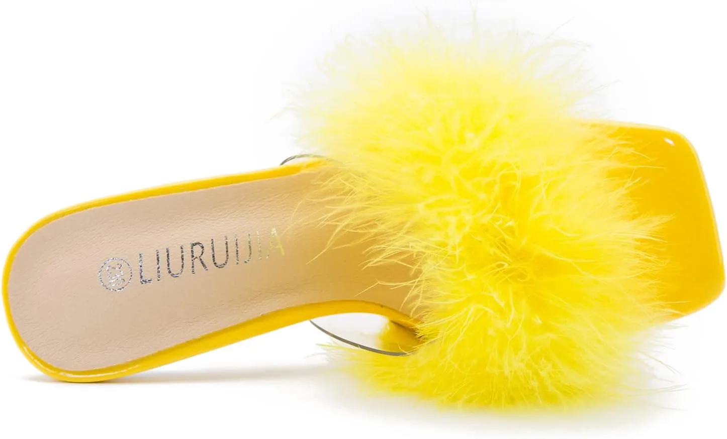 LIURUIJIA Women's Square Toe Feathers High Heels Fur Mules Sandals Fuzzy Fluffy Wedding Bridal Party Dress Shoes