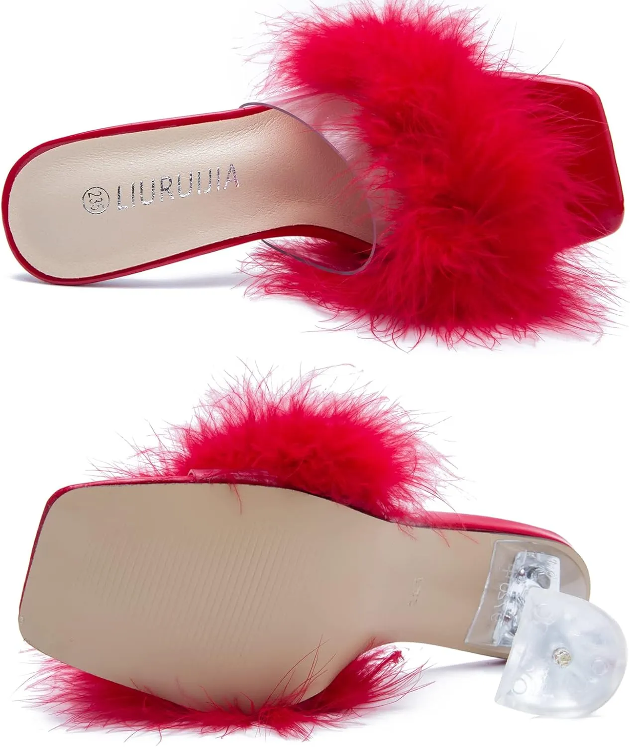 LIURUIJIA Women's Square Toe Feathers High Heels Fur Mules Sandals Fuzzy Fluffy Wedding Bridal Party Dress Shoes