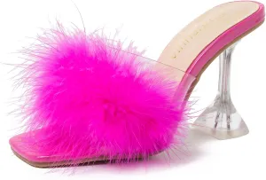 LIURUIJIA Women's Square Toe Feathers High Heels Fur Mules Sandals Fuzzy Fluffy Wedding Bridal Party Dress Shoes