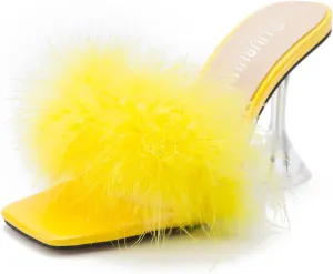 LIURUIJIA Women's Square Toe Feathers High Heels Fur Mules Sandals Fuzzy Fluffy Wedding Bridal Party Dress Shoes