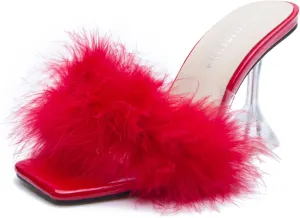 LIURUIJIA Women's Square Toe Feathers High Heels Fur Mules Sandals Fuzzy Fluffy Wedding Bridal Party Dress Shoes