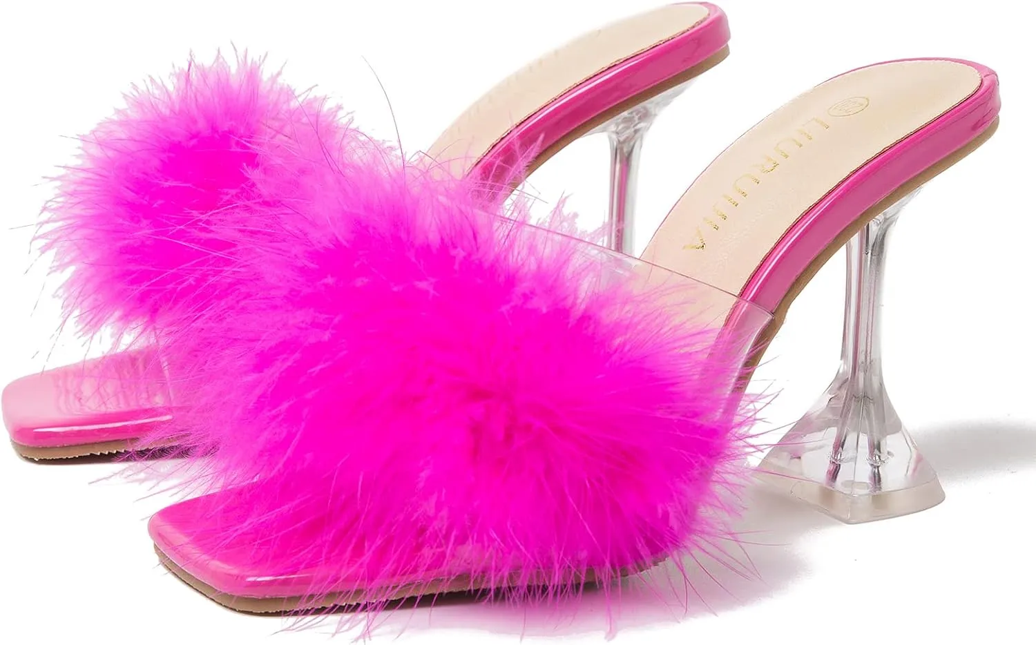 LIURUIJIA Women's Square Toe Feathers High Heels Fur Mules Sandals Fuzzy Fluffy Wedding Bridal Party Dress Shoes