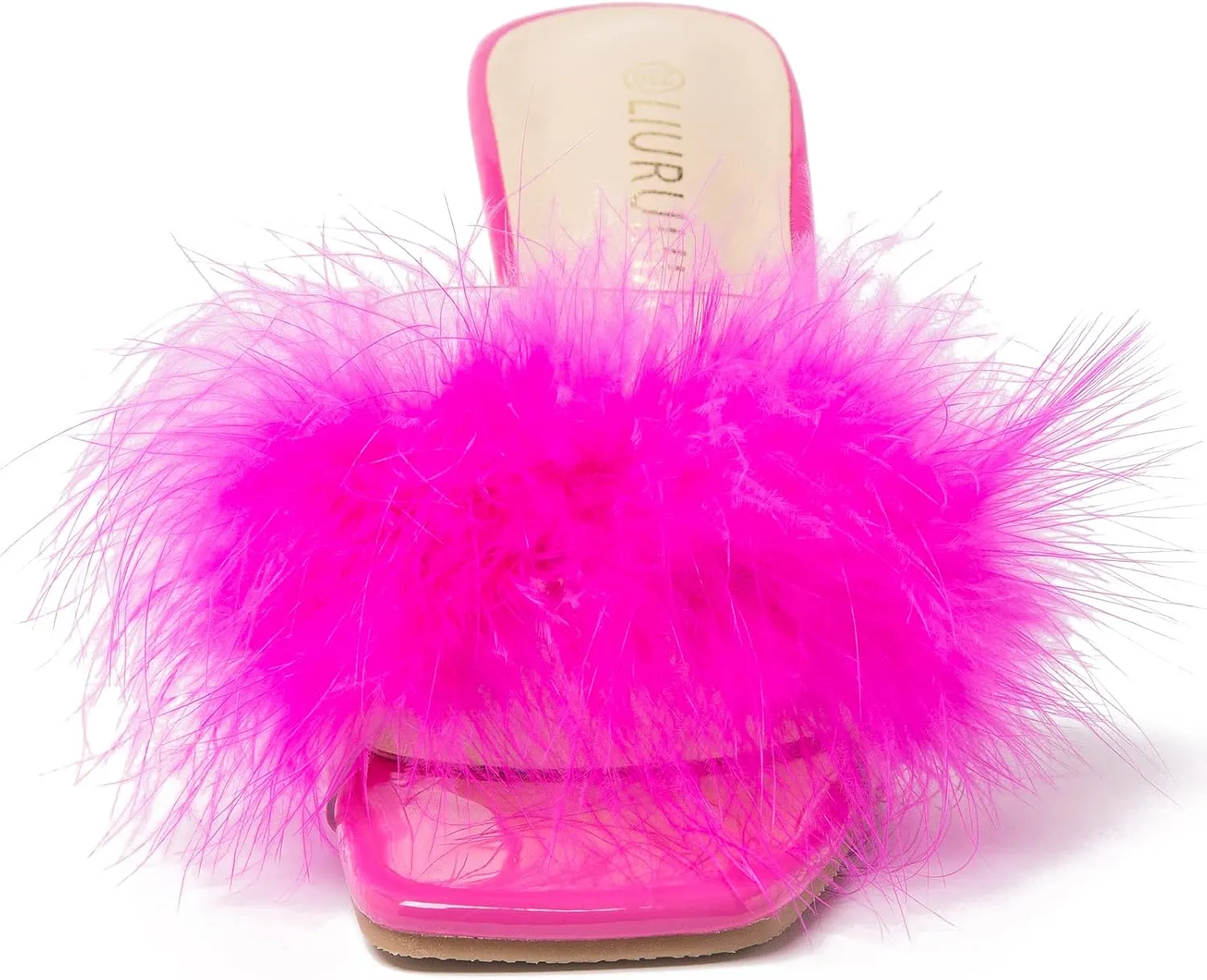 LIURUIJIA Women's Square Toe Feathers High Heels Fur Mules Sandals Fuzzy Fluffy Wedding Bridal Party Dress Shoes