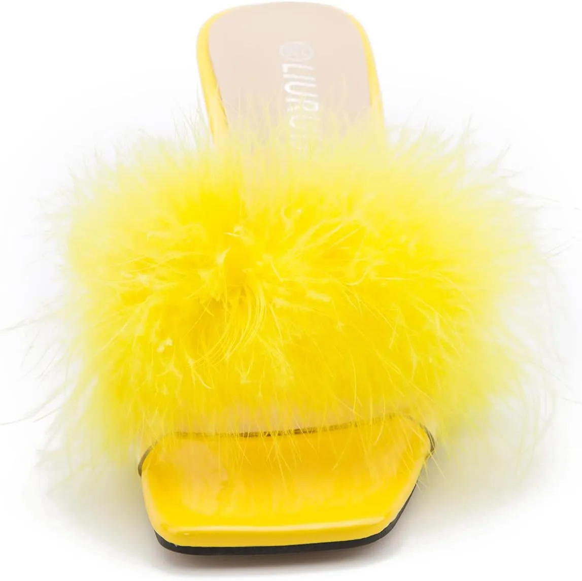 LIURUIJIA Women's Square Toe Feathers High Heels Fur Mules Sandals Fuzzy Fluffy Wedding Bridal Party Dress Shoes