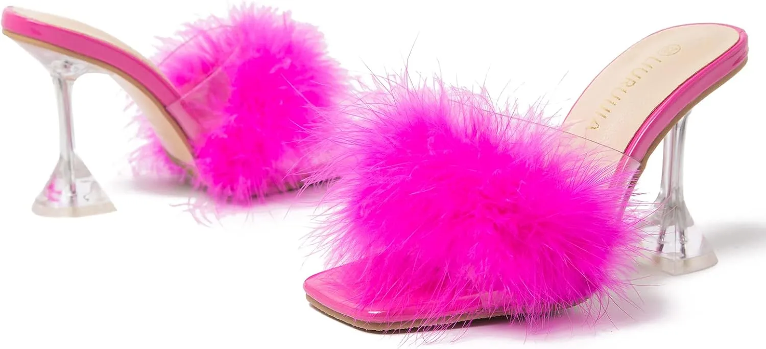LIURUIJIA Women's Square Toe Feathers High Heels Fur Mules Sandals Fuzzy Fluffy Wedding Bridal Party Dress Shoes